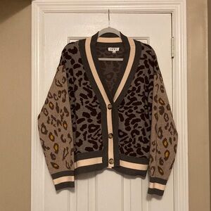 THML Gray and Cream Cheetah Print Patterned Cardigan Sweater